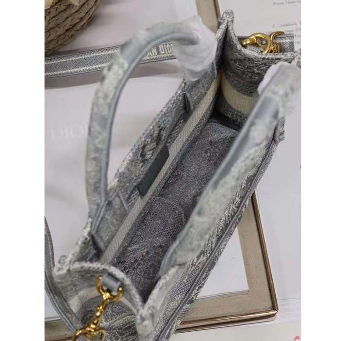 Dior Women Mini Dior Book Tote Strap Gray Toile De Jouy Reverse Embroidery