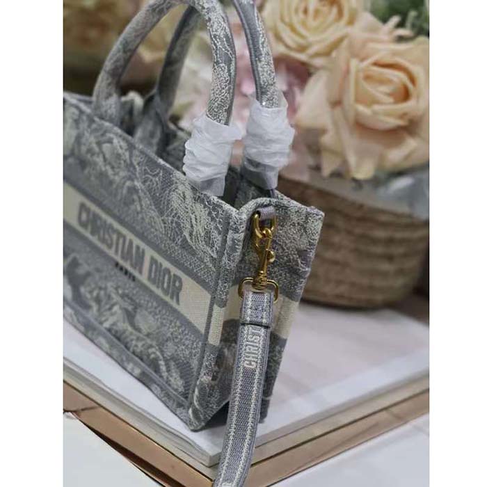 Dior Women Mini Dior Book Tote Strap Gray Toile De Jouy Reverse Embroidery