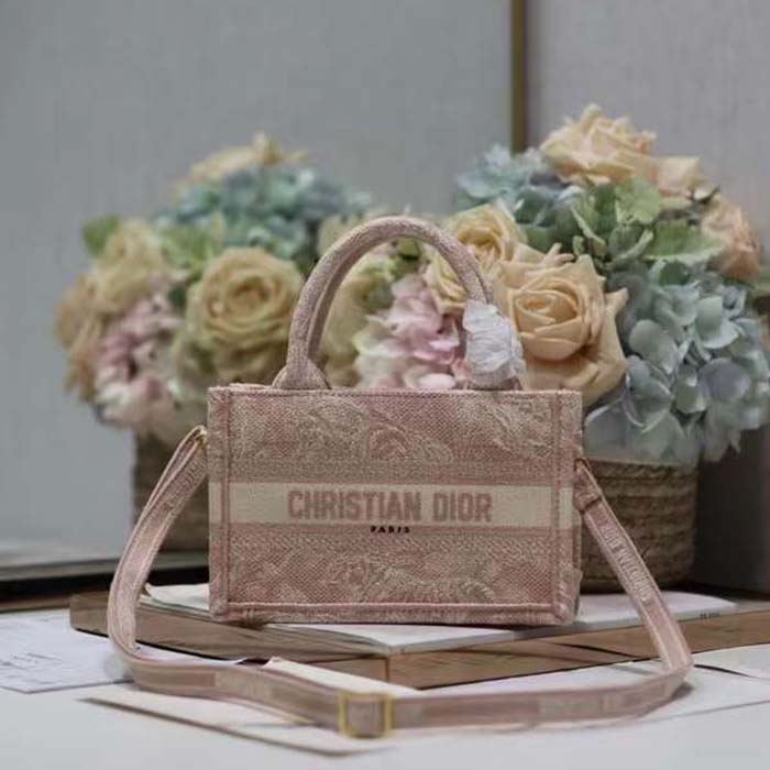 Dior Women Mini Dior Book Tote Strap Pink Toile De Jouy Reverse Embroidery