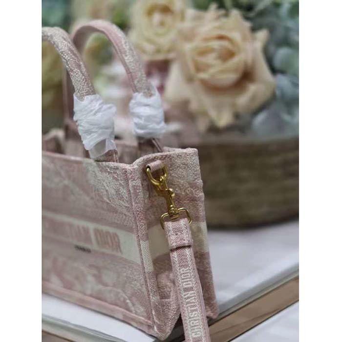 Dior Women Mini Dior Book Tote Strap Pink Toile De Jouy Reverse Embroidery