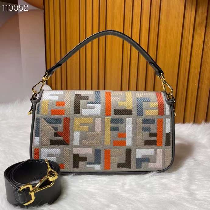 Fendi Women FF Baguette Brooch Multicolor Canvas Bag FF Embroidery