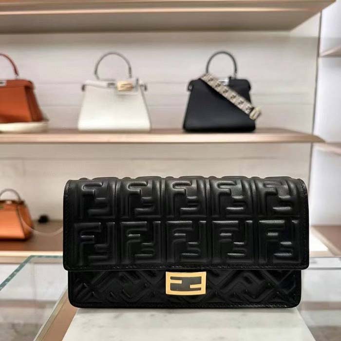 Fendi Women FF Wallet On Chain Baguette Black Nappa Leather Wallet