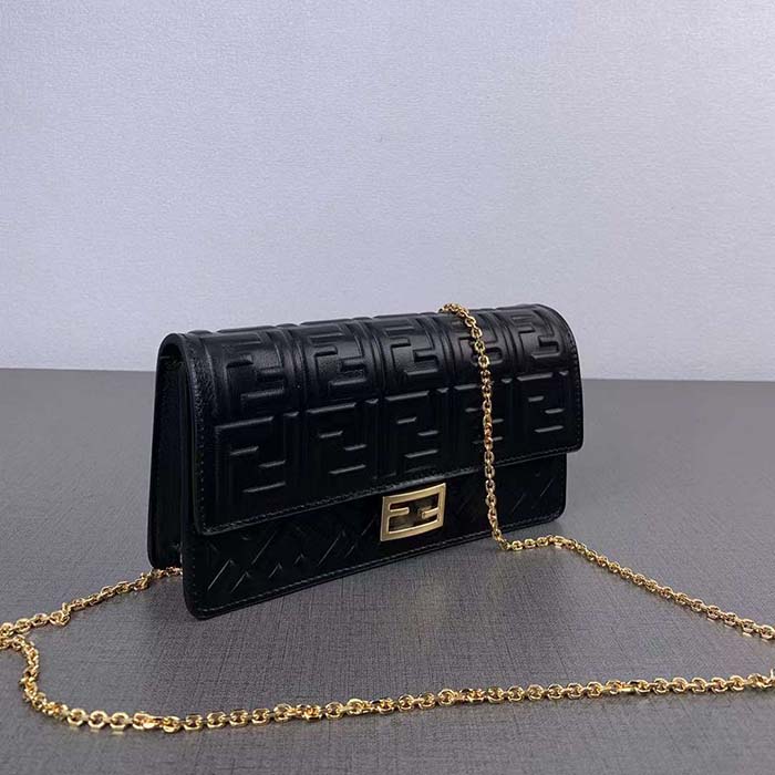 Fendi Women FF Wallet On Chain Baguette Black Nappa Leather Wallet