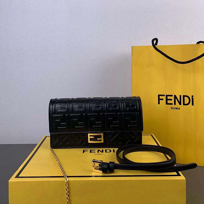 Fendi Women FF Wallet On Chain Baguette Black Nappa Leather Wallet