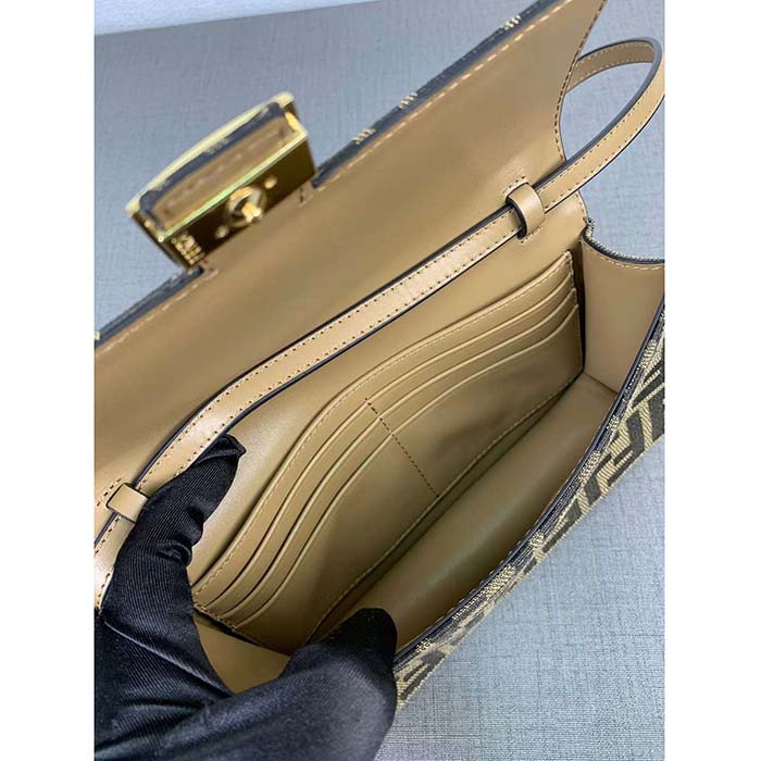 Fendi Women FF Wallet On Chain Baguette Brown FF Fabric Wallet