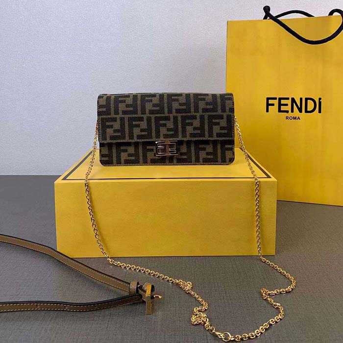 Fendi Women FF Wallet On Chain Baguette Brown FF Fabric Wallet