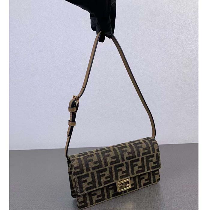 Fendi Women FF Wallet On Chain Baguette Brown FF Fabric Wallet