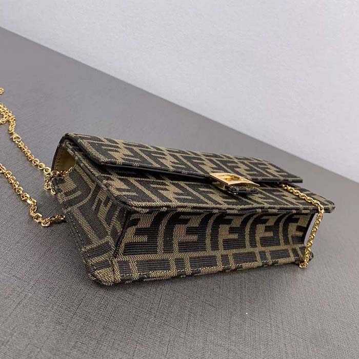 Fendi Women FF Wallet On Chain Baguette Brown FF Fabric Wallet