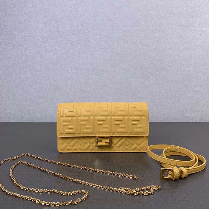 Fendi Women FF Wallet On Chain Baguette Yellow Nappa Leather Wallet