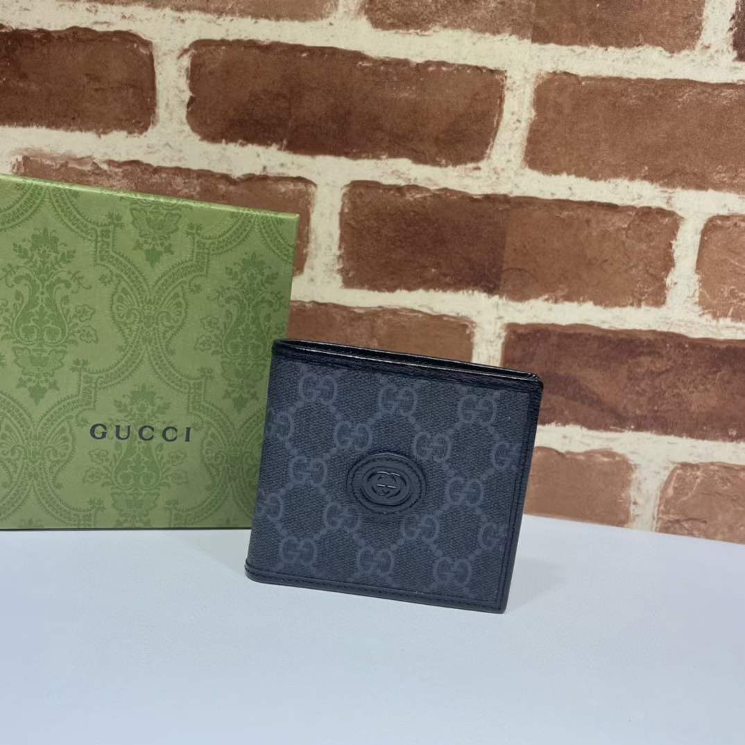 Gucc Unisex Coin Wallet Interlocking G Black GG Supreme Canvas Black Leather