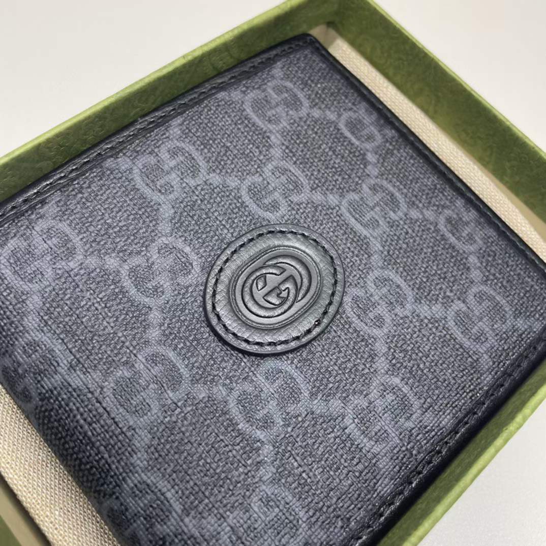 Gucc Unisex Coin Wallet Interlocking G Black GG Supreme Canvas Black Leather