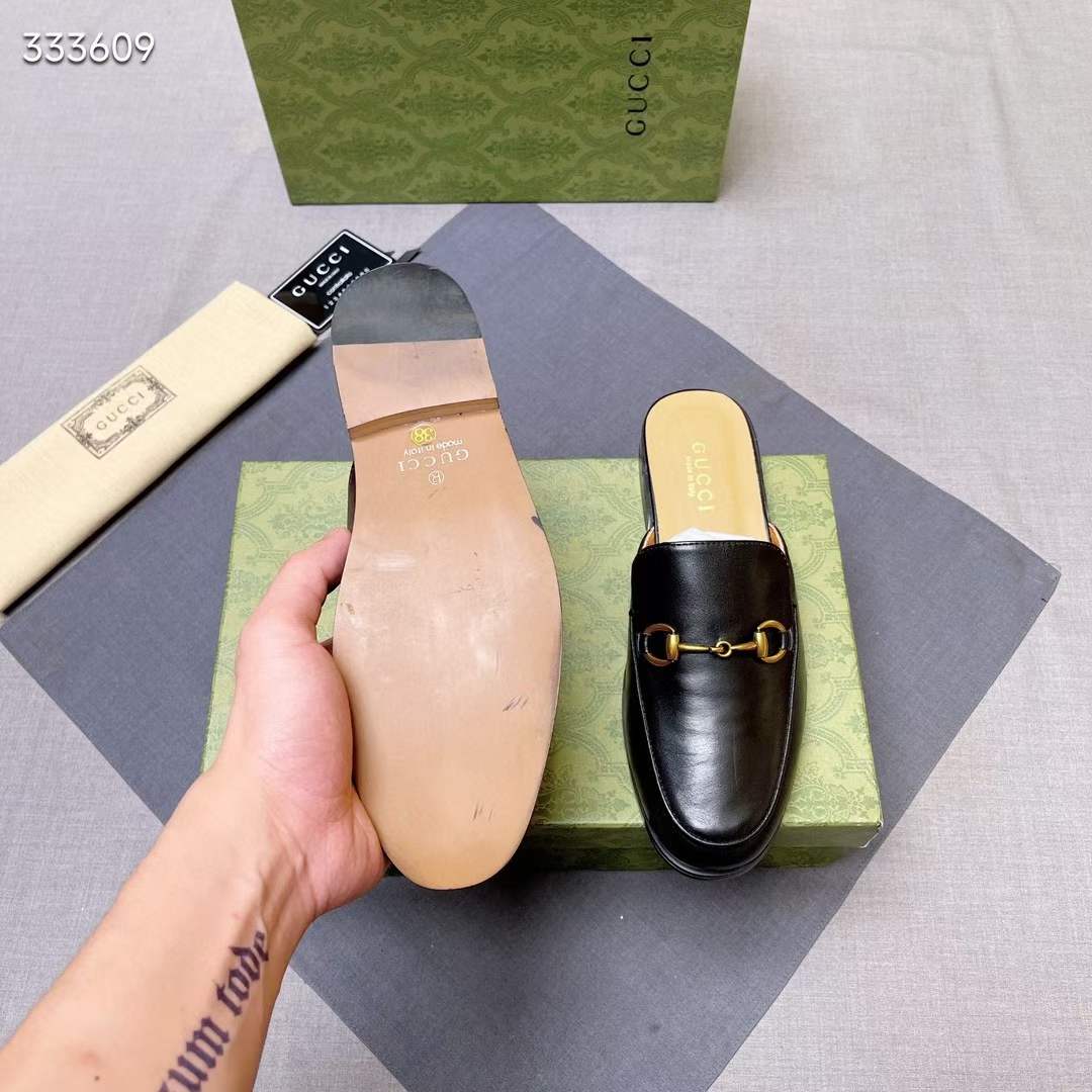 Gucc Unisex GG Prinston Leather Slipper Black Leather Flat 1 CM Heel