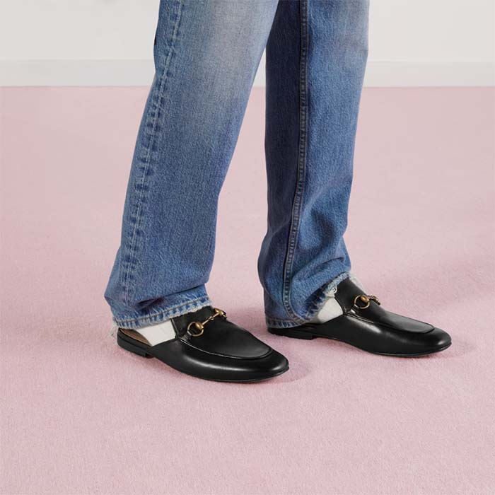 Gucc Unisex GG Prinston Leather Slipper Black Leather Flat 1 CM Heel