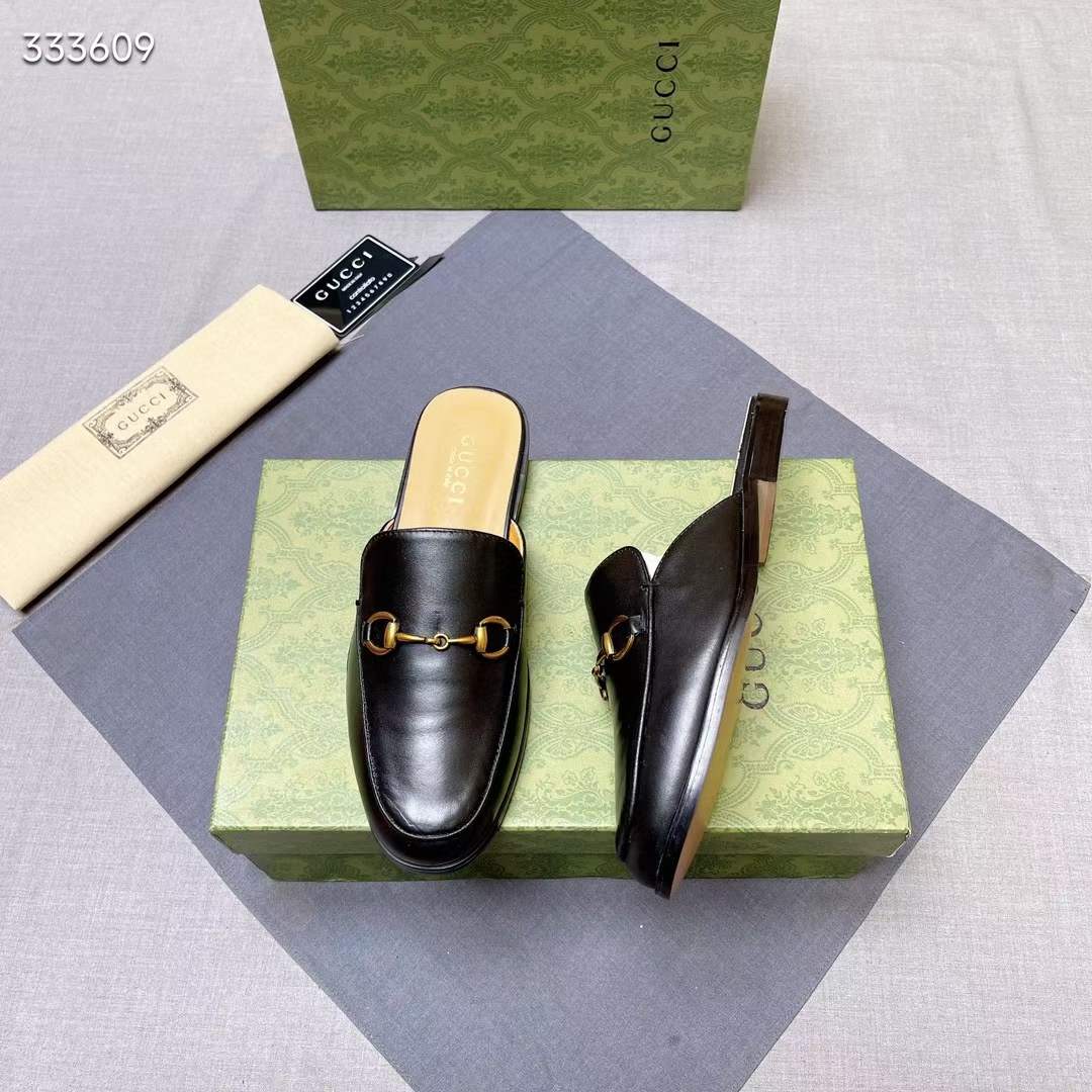 Gucc Unisex GG Prinston Leather Slipper Black Leather Flat 1 CM Heel