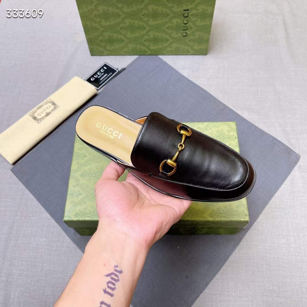 Gucc Unisex GG Prinston Leather Slipper Black Leather Flat 1 CM Heel