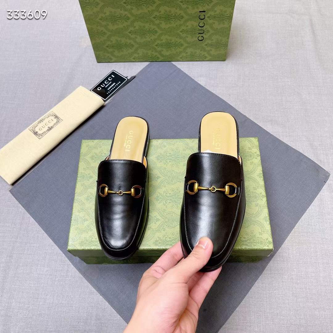 Gucc Unisex GG Prinston Leather Slipper Black Leather Flat 1 CM Heel