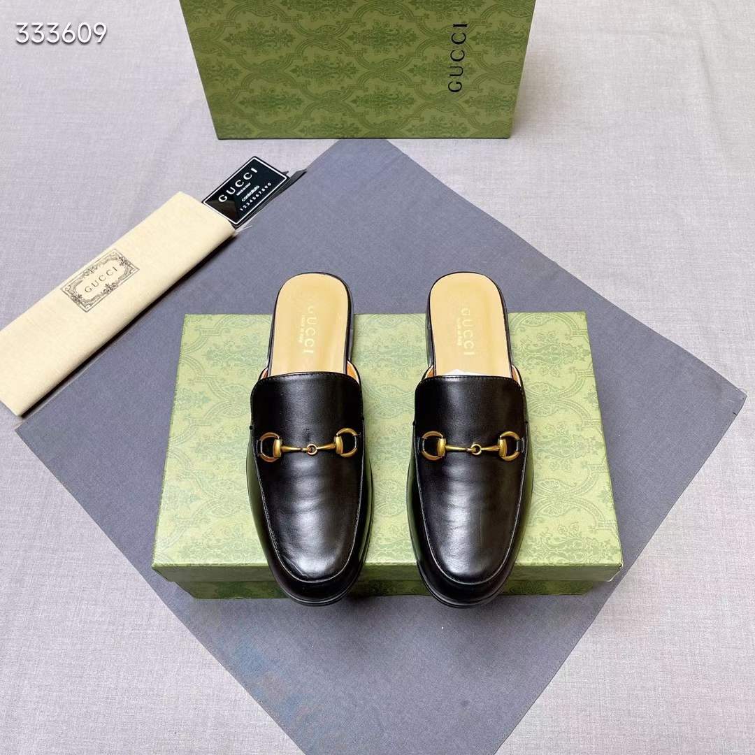 Gucc Unisex GG Prinston Leather Slipper Black Leather Flat 1 CM Heel