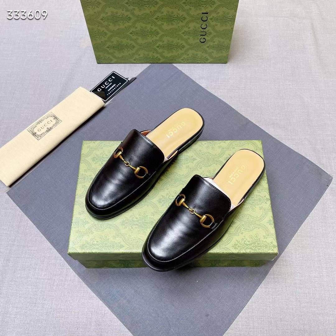 Gucc Unisex GG Prinston Leather Slipper Black Leather Flat 1 CM Heel