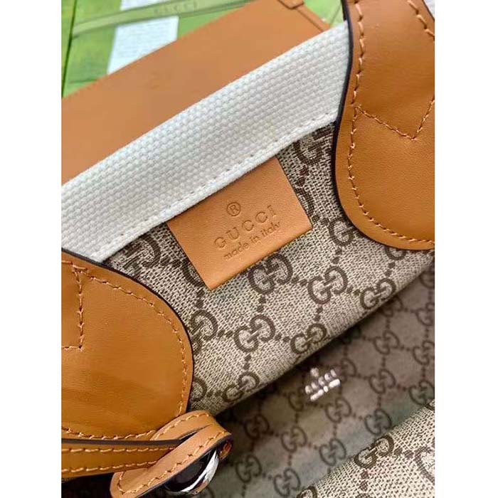 Gucci GG Unisex Mini Tote Bag Print Beige Cotton Linen Canvas Light Brown Leather