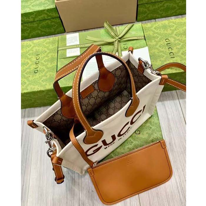 Gucci GG Unisex Mini Tote Bag Print Beige Cotton Linen Canvas Light Brown Leather