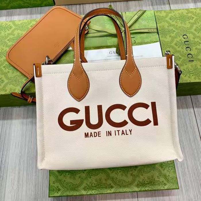 Gucci GG Unisex Mini Tote Bag Print Beige Cotton Linen Canvas Light Brown Leather
