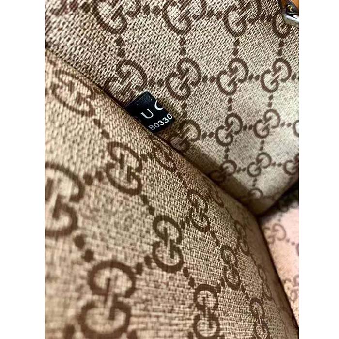 Gucci GG Unisex Mini Tote Bag Print Beige Cotton Linen Canvas Light Brown Leather