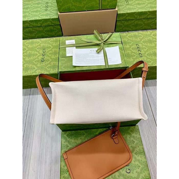 Gucci GG Unisex Mini Tote Bag Print Beige Cotton Linen Canvas Light Brown Leather