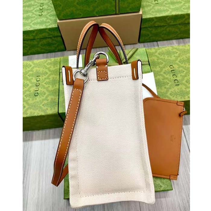 Gucci GG Unisex Mini Tote Bag Print Beige Cotton Linen Canvas Light Brown Leather