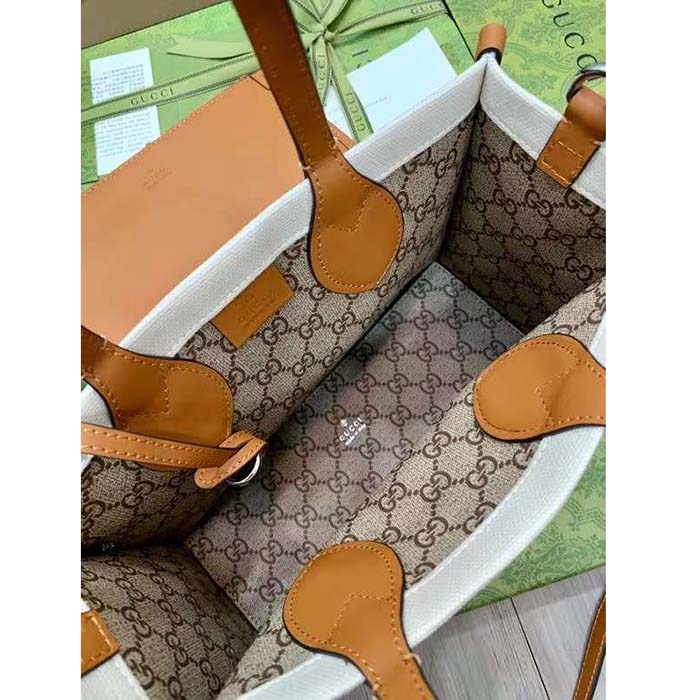 Gucci GG Unisex Mini Tote Bag Print Beige Cotton Linen Canvas Light Brown Leather