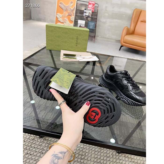 Gucci GG Unisex Ripple Sneaker Black Leather Mesh Lightweight Lace-Up Low Heel