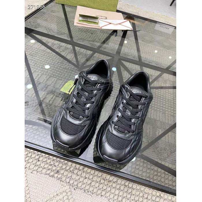 Gucci GG Unisex Ripple Sneaker Black Leather Mesh Lightweight Lace-Up Low Heel