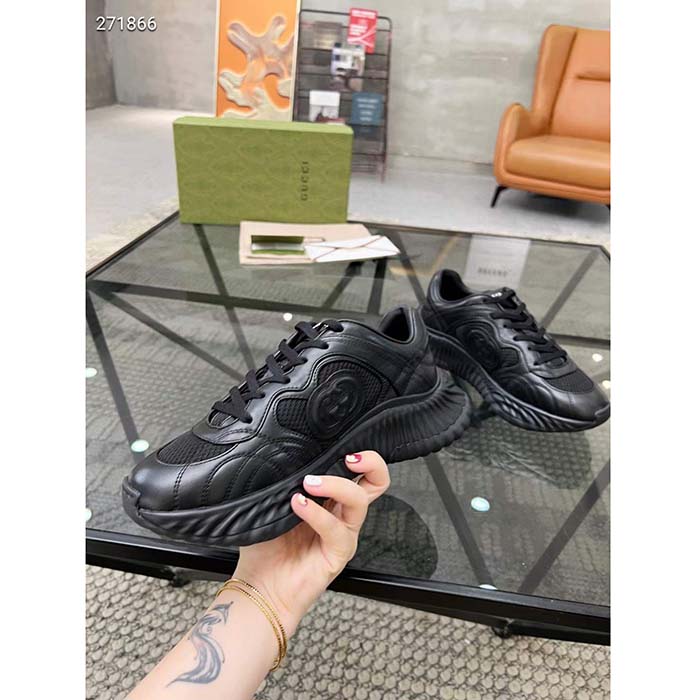 Gucci GG Unisex Ripple Sneaker Black Leather Mesh Lightweight Lace-Up Low Heel