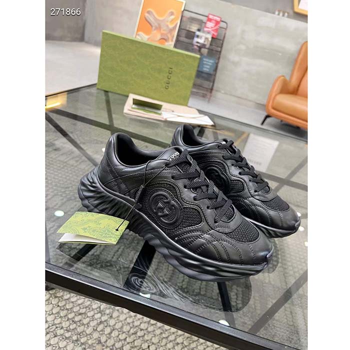 Gucci GG Unisex Ripple Sneaker Black Leather Mesh Lightweight Lace-Up Low Heel