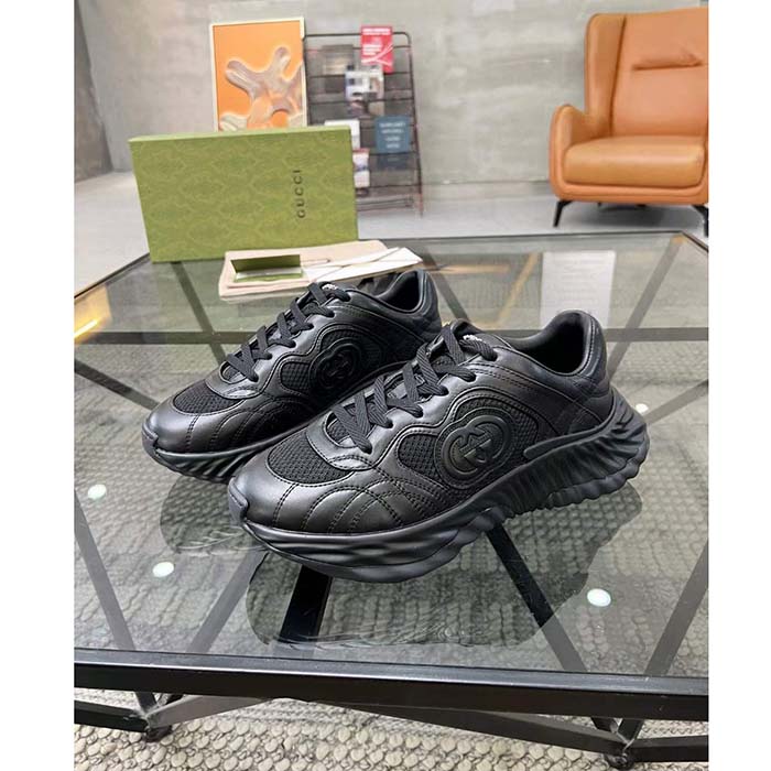 Gucci GG Unisex Ripple Sneaker Black Leather Mesh Lightweight Lace-Up Low Heel