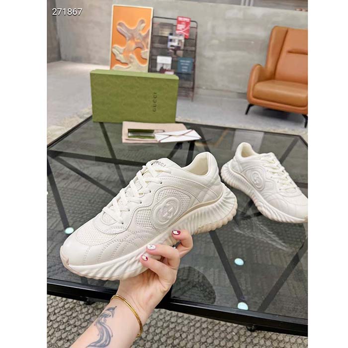 Gucci GG Unisex Ripple Sneaker Off White Leather Mesh Lightweight Lace-Up Low Heel