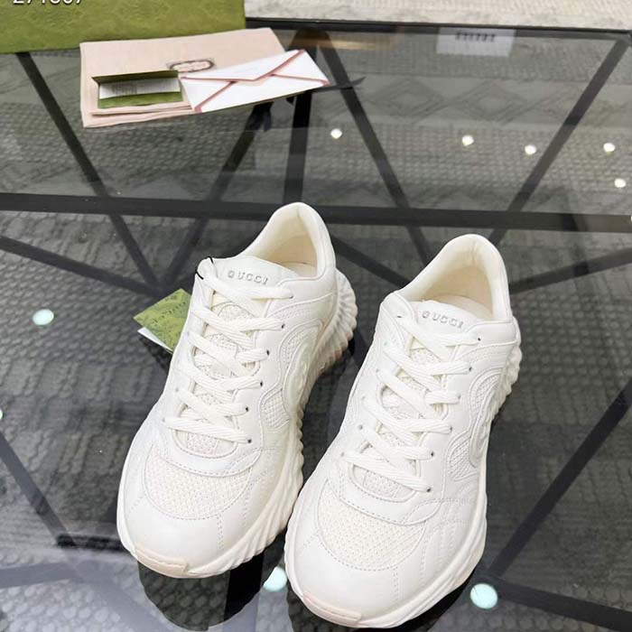 Gucci GG Unisex Ripple Sneaker Off White Leather Mesh Lightweight Lace-Up Low Heel
