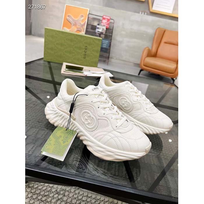 Gucci GG Unisex Ripple Sneaker Off White Leather Mesh Lightweight Lace-Up Low Heel