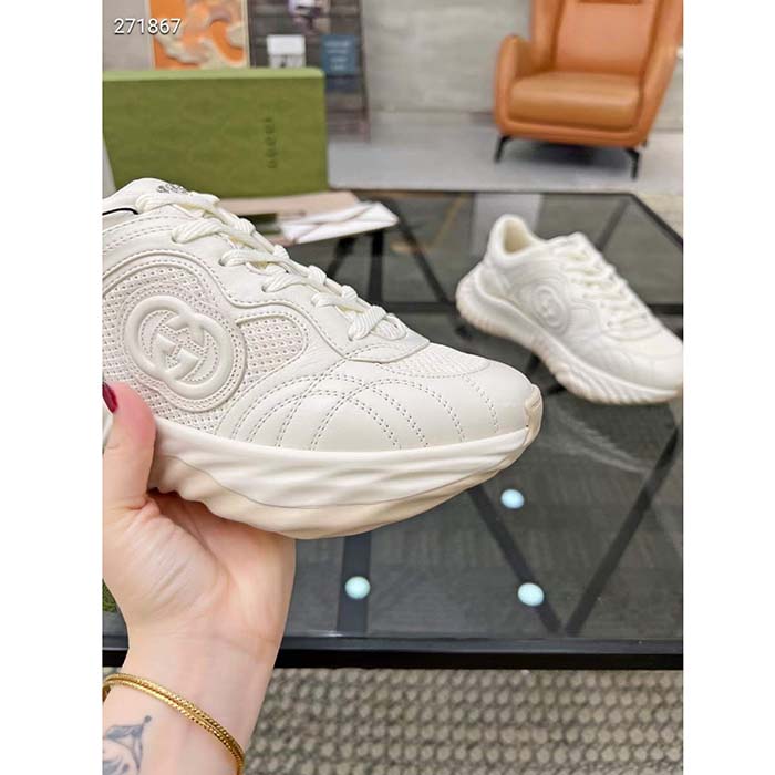 Gucci GG Unisex Ripple Sneaker Off White Leather Mesh Lightweight Lace-Up Low Heel