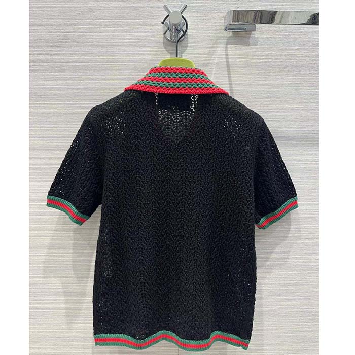 Gucci GG Women Cotton Lace Polo Web T-Shirt Black Short Sleeves