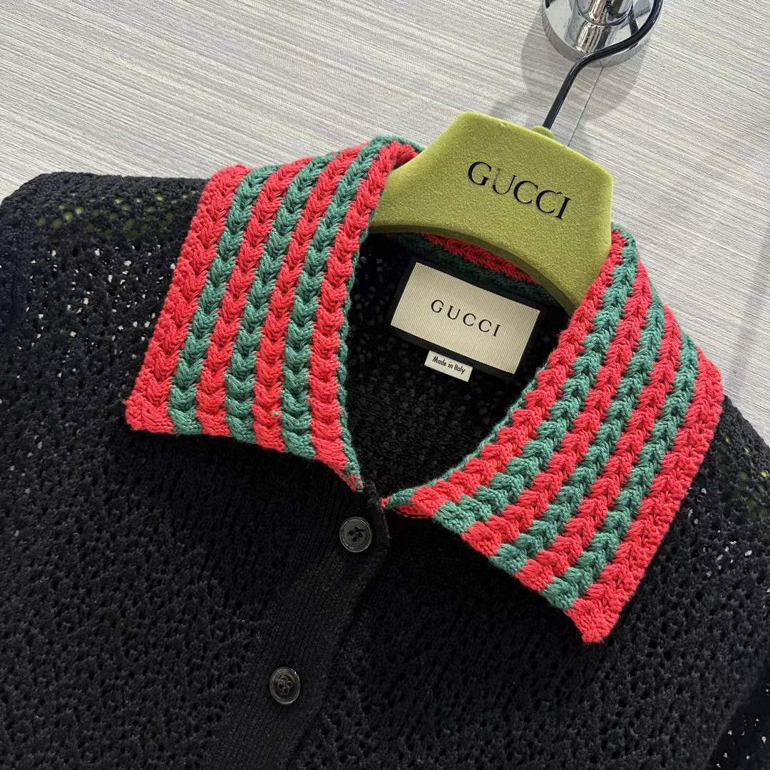 Gucci GG Women Cotton Lace Polo Web T-Shirt Black Short Sleeves