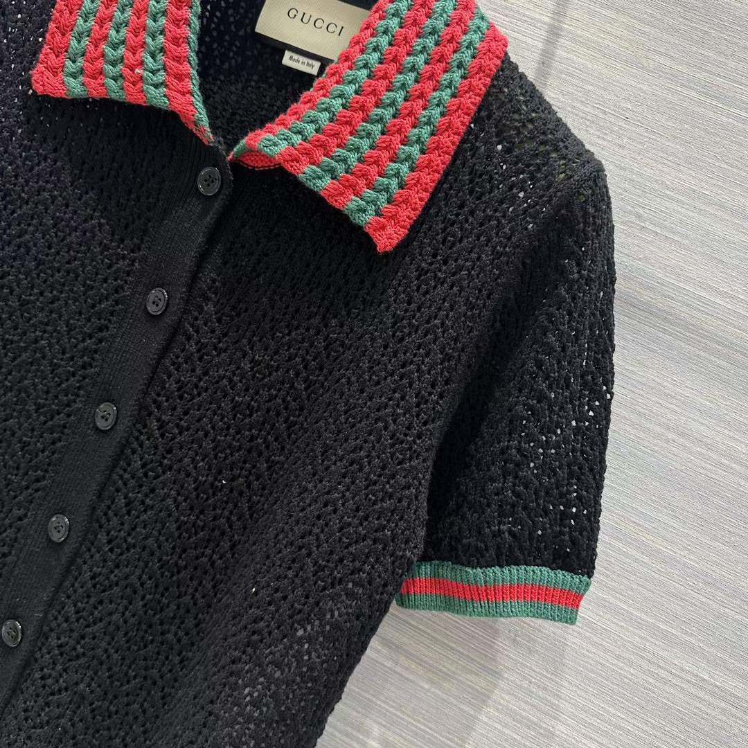 Gucci GG Women Cotton Lace Polo Web T-Shirt Black Short Sleeves