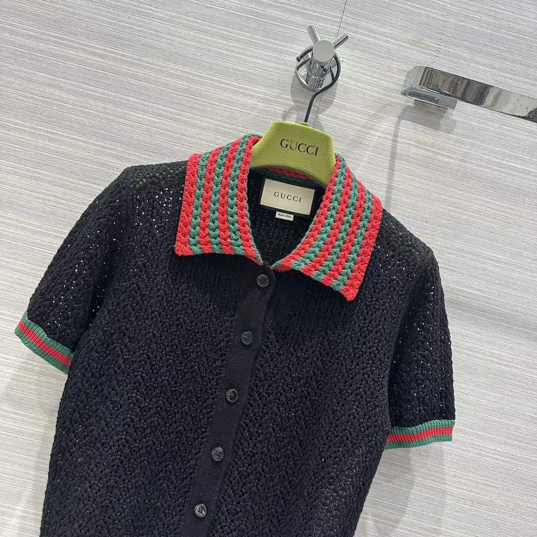 Gucci GG Women Cotton Lace Polo Web T-Shirt Black Short Sleeves