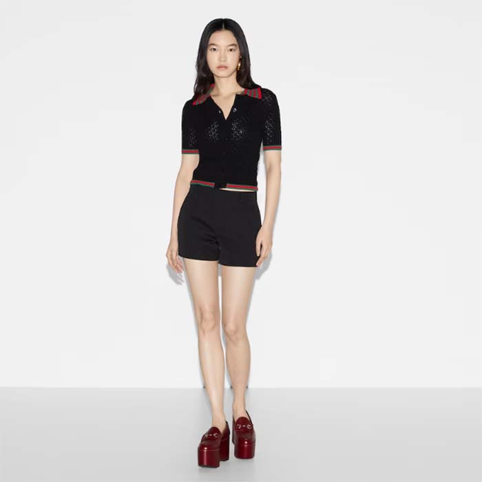 Gucci GG Women Cotton Lace Polo Web T-Shirt Black Short Sleeves