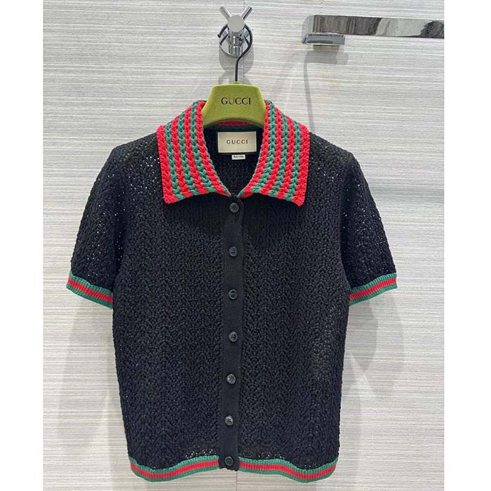 Gucci GG Women Cotton Lace Polo Web T-Shirt Black Short Sleeves