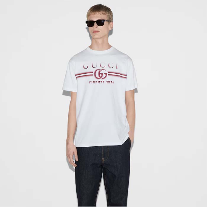 Gucci Men GG Cotton Jersey T-Shirt Gucci Print Red White Crewneck Short Sleeves