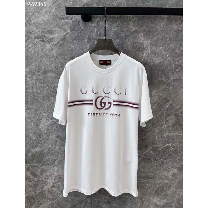 Gucci Men GG Cotton Jersey T-Shirt Gucci Print Red White Crewneck Short Sleeves