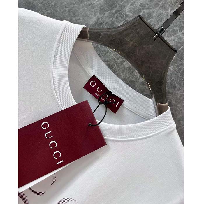Gucci Men GG Cotton Jersey T-Shirt Gucci Print Red White Crewneck Short Sleeves