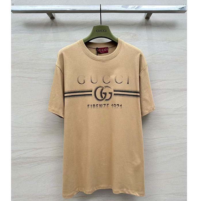 Gucci Men GG Cotton Jersey T-Shirt Print Beige Crewneck Short Sleeves