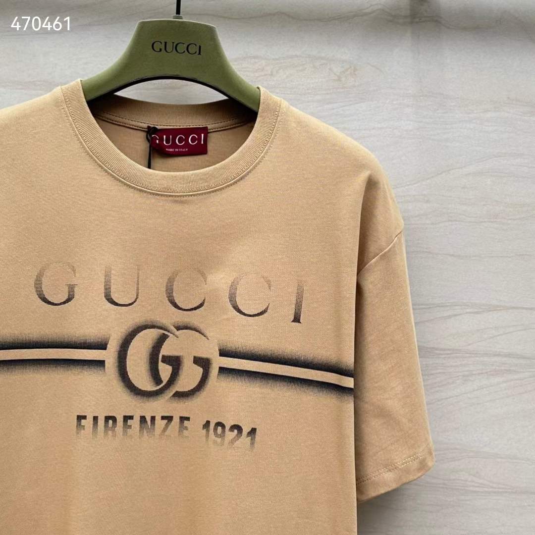 Gucci Men GG Cotton Jersey T-Shirt Print Beige Crewneck Short Sleeves