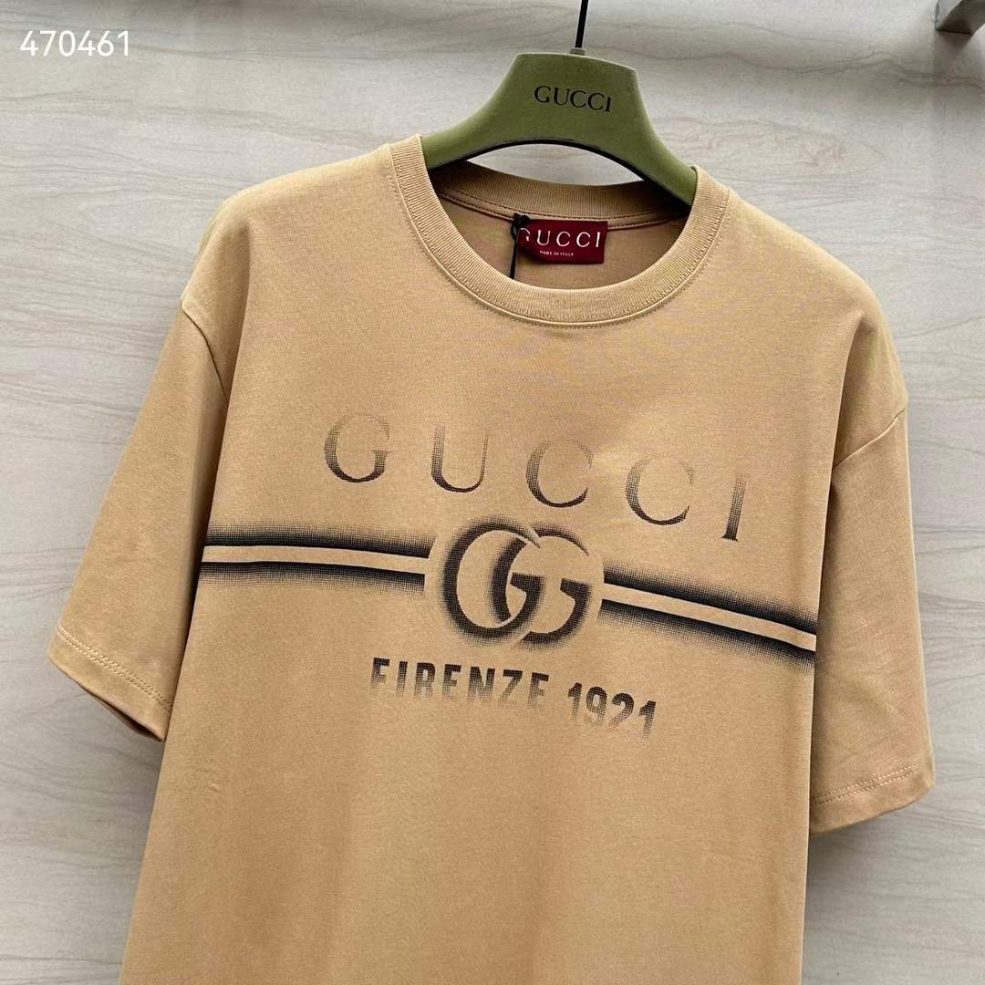 Gucci Men GG Cotton Jersey T-Shirt Print Beige Crewneck Short Sleeves